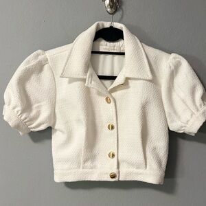 bishop + young Cream Textured Cropped Puff Sleeve Blazer with Gold Buttons